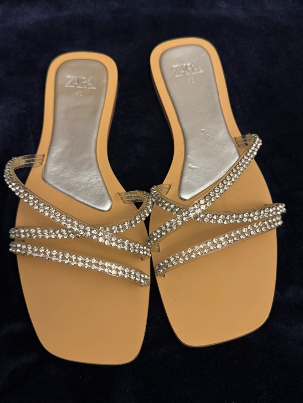Zara Rhinestone Flat Sandals Silver